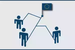 Grafik von drei Personen am Ende unterschiedlicher Linien die alle zu einer EU-Flagge führen
