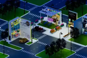 Miniatur-Stadt mit Straßenlaternen, Fahrzeugen und Grünflächen