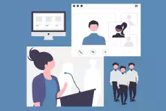 Die Grafik zeigt ein hybrides Setting: Einen Monitor, eine Videokonferenz, eine Person am Rednerpult und Personen in Präsenz