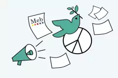 Illustration: Megaphon, fliegendes Papier, eine Friedenstaube und  ein Peace-Zeichen