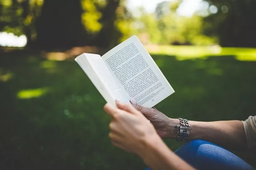 Person liest Buch im Grünen