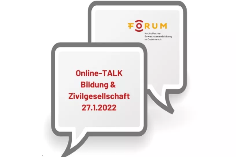 Sprechblasen, darauf das Logo des Forums und der Text "Bildung & Zivilgesellschaft 27.1.2022".