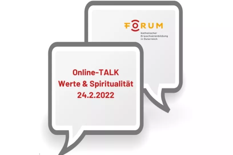 Sprechblasen, darauf steht "Online-Talk Werte und Spiritualität 24.2.2022"