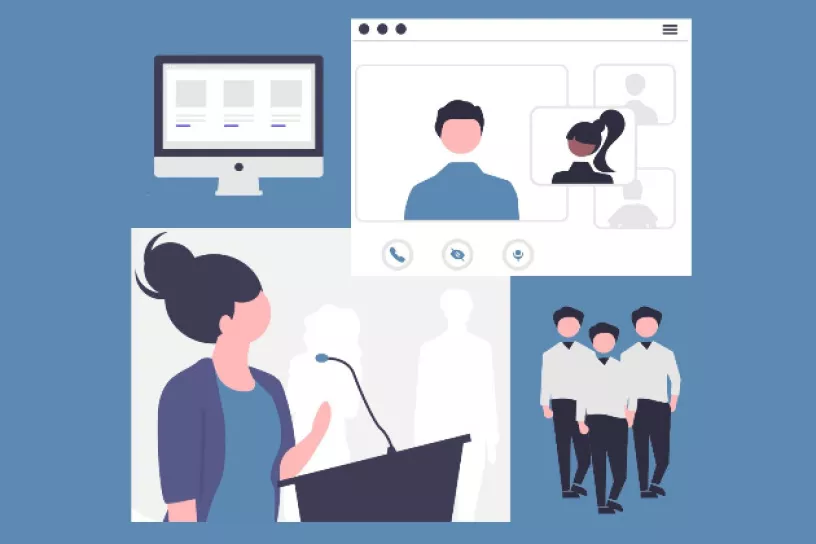 Die Grafik zeigt ein hybrides Setting: Einen Monitor, eine Videokonferenz, eine Person am Rednerpult und Personen in Präsenz
