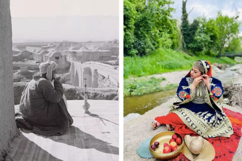 Ein Mann, der Tee auf dem Boden trinkt (Schwarz-Weiss-Bild), eine Frau, die picknickt (Farb-Foto)