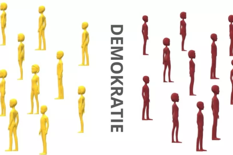 Montage Schriftzug Demokratie mit zwei abwendenden Personengruppen