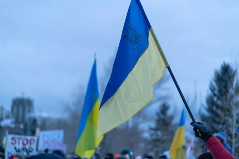 Ukrainische Flagge in der Hand einer protestierenden Person, im Hintergrund weitere Flaggen und Protestplakate