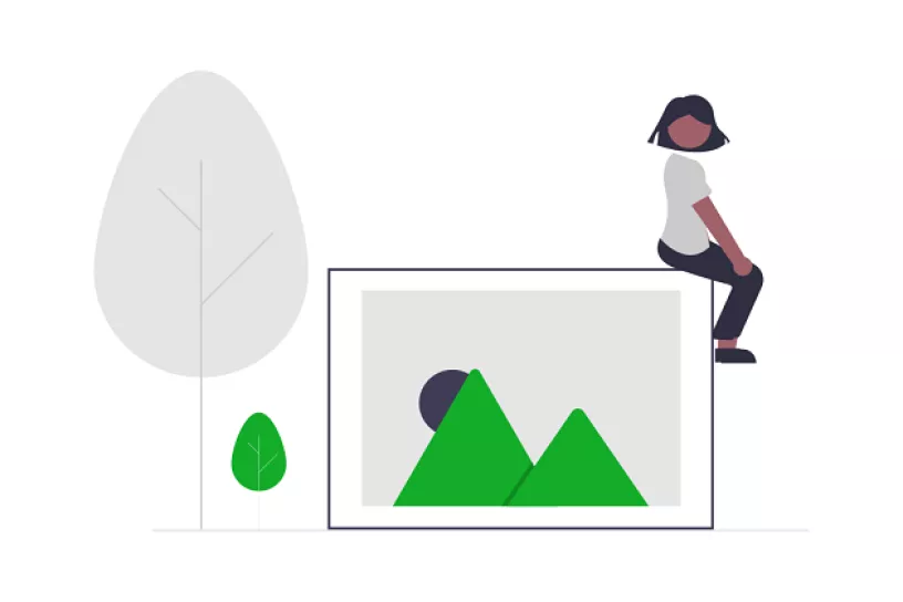 Grafik einer Person die auf einem geometrischen Bild von Bergen sitzt, links davon zwei Bäume