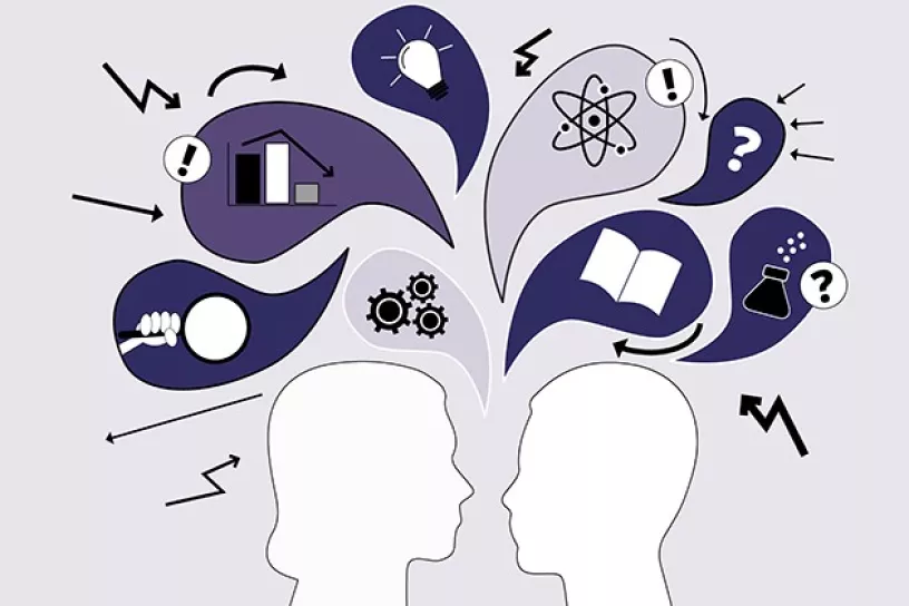 2 stilisierte Köpfe mit Sprechblasen mit wissenschaftlichen Symbolen