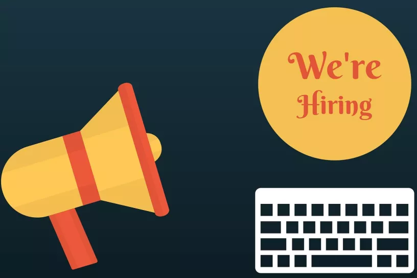 Grafik: Megaphon, daneben eine Tastatur, darüber steht "We're hiring"