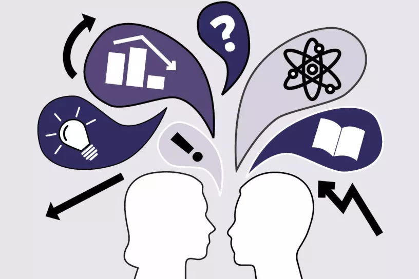 Zwei stilisierte Köpfe mit Sprechblasen, darin sind Symbole für Wissenschaft zu sehen, wie eine Glühbirne, ein Buch und ein Diagramm.